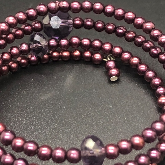 Eggplant Purple Faux Pearl 3 Coil Strand Wrap Bracelet - Picture 5 of 15